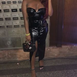 Strapless Leather Dress With Slit in Front
